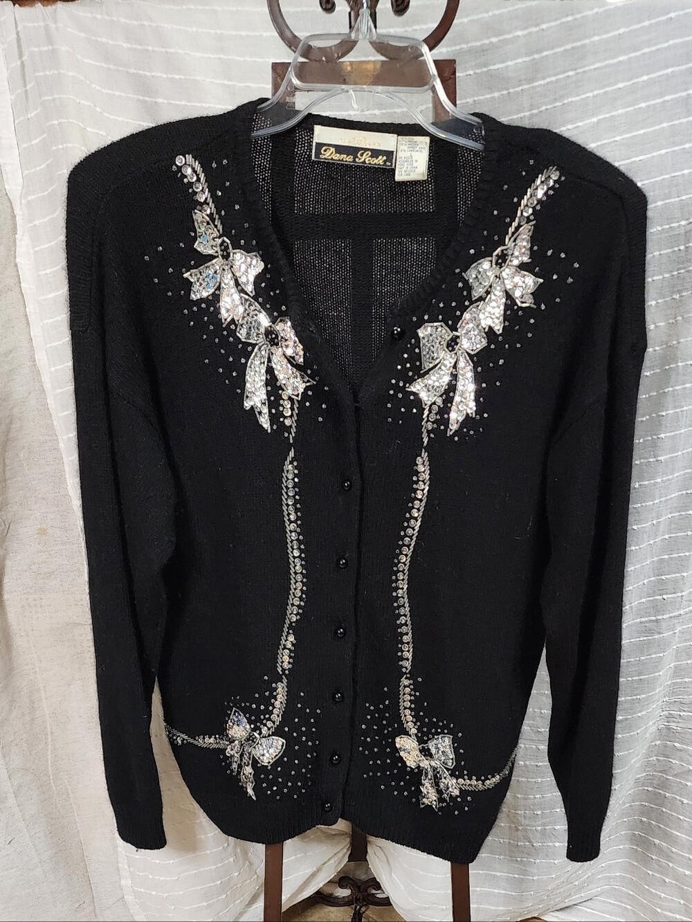 Vintage Silk Angora Lambswool Black Embellished Bow-Accent V-Neck Cardigan